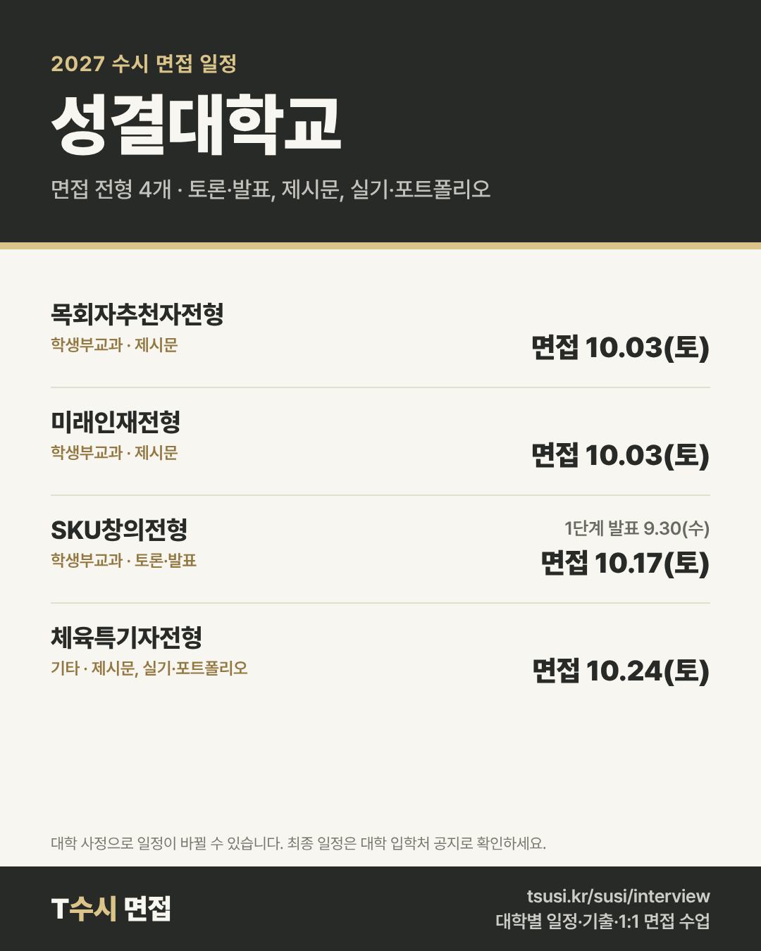 성결대학교 2027 수시 면접 일정 — 전형별 1단계 발표일과 면접일
