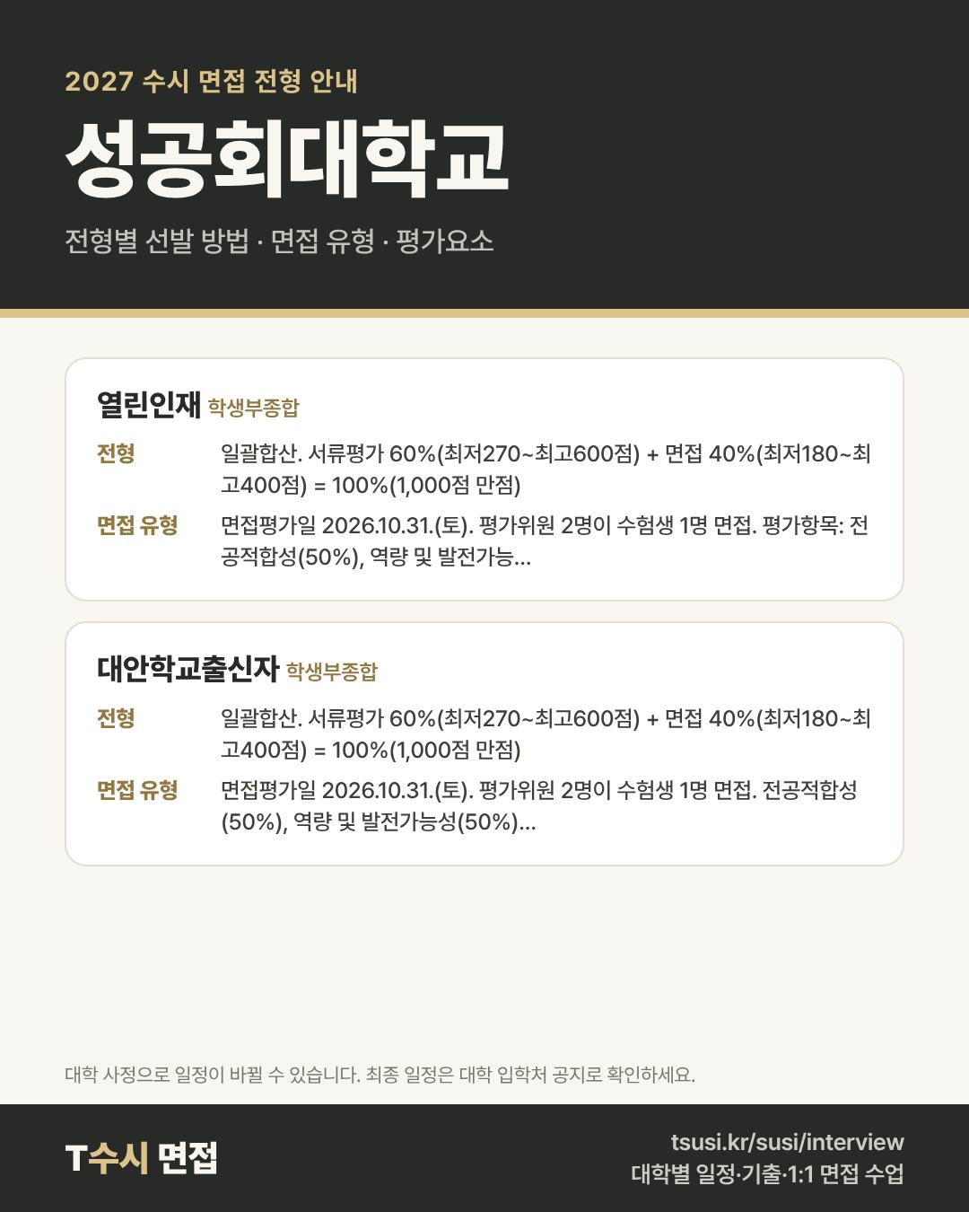 성공회대학교 2027 수시 면접 전형 안내 — 전형별 1단계·2단계 선발 방법, 면접 유형, 평가요소